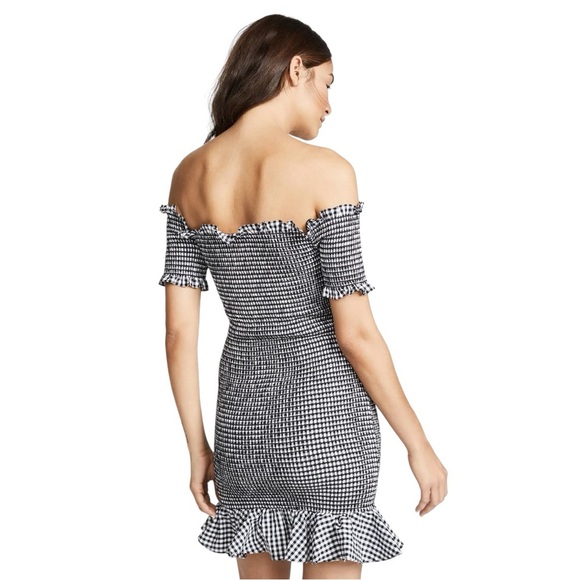 WAYF Scafati Gingham Off Shoulder Mini Dress in Black/White Print - Picture 4 of 5